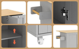 Btm Kitchen Island On Wheels, Rolling Storage Trolley, Foldable Top, 3 Drawers, 2 Doors, 135X44(70)X90Cm Grey And Natural - thumbnail 5