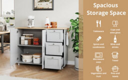 Btm Kitchen Island On Wheels, Rolling Storage Trolley, Foldable Top, 3 Drawers, 2 Doors, 135X44(70)X90Cm Grey And Natural - thumbnail 4