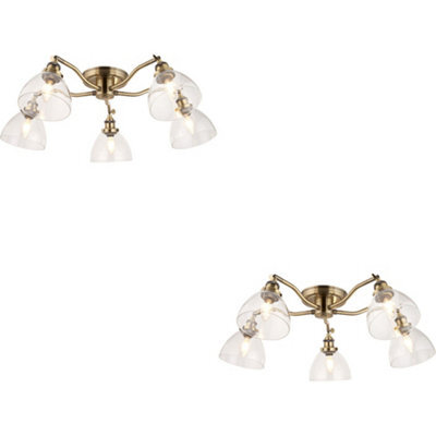 Loops 2 Pack Antique Brass Semi Flush Low Ceiling Light - Clear Multi Arm Glass - 5 X 7W Led E14 - image 1