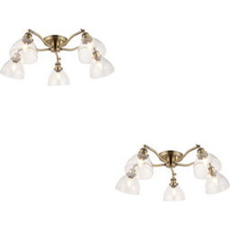 Loops 2 Pack Antique Brass Semi Flush Low Ceiling Light - Clear Multi Arm Glass - 5 X 7W Led E14