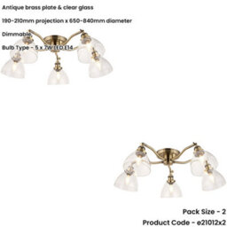 Loops 2 Pack Antique Brass Semi Flush Low Ceiling Light - Clear Multi Arm Glass - 5 X 7W Led E14 - thumbnail 2