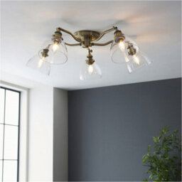 Loops 2 Pack Antique Brass Semi Flush Low Ceiling Light - Clear Multi Arm Glass - 5 X 7W Led E14 - thumbnail 4