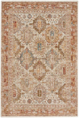 Ivory Multi Traditional Rug, 5mm Thick Anti-Shed Bordered Rug, Geometric Abstract Persian Rug For Bedroom-69Cm X 310Cm (Runner)