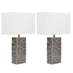 Valuelights Etienne Pair Of Modern Silver Ripple Effect Ceramic Table Lamps With White Light Shades