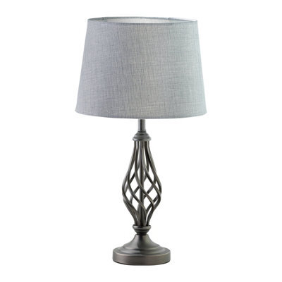 Lighting Supermarket Queenswood Traditional Barley Twist Table Lamp With Grey Linen Drum Shade - Pewter Grey - image 1