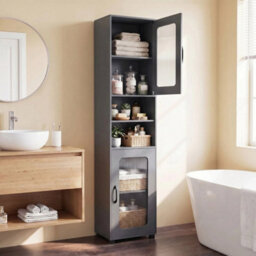 Tall Bathroom Cabinet 170 Cm Freestanding Storage Organizer With 2 Fluted Doors - thumbnail 4