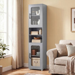 Tall Bathroom Cabinet 170 Cm Freestanding Storage Organizer With 2 Fluted Doors - thumbnail 3