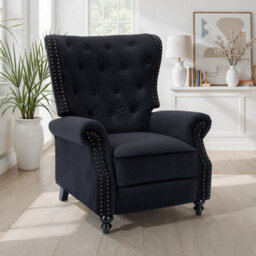 Velvet Black Buttoned Wingback Recliner Chair - thumbnail 2