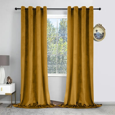 Oxford Homeware Eyelet Velvet Curtains Ochre Fully Lined Blackout Thermal Insulated Eyelet Curtains Pair (W)168Cm X (L)228Cm - image 1