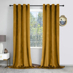 Oxford Homeware Eyelet Velvet Curtains Ochre Fully Lined Blackout Thermal Insulated Eyelet Curtains Pair (W)168Cm X (L)228Cm
