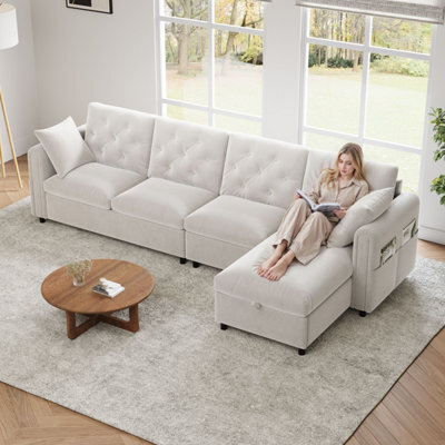 Merax L-Shaped Sectional Sofa, 4-Seater Corner Sofa With Reversible Storage Chaise & Magazine Pockets, Beige - image 1
