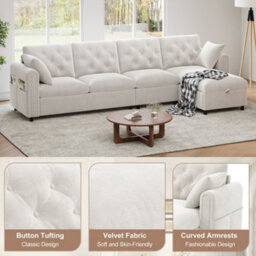 Merax L-Shaped Sectional Sofa, 4-Seater Corner Sofa With Reversible Storage Chaise & Magazine Pockets, Beige - thumbnail 8
