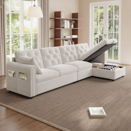 Merax L-Shaped Sectional Sofa, 4-Seater Corner Sofa With Reversible Storage Chaise & Magazine Pockets, Beige - thumbnail 4