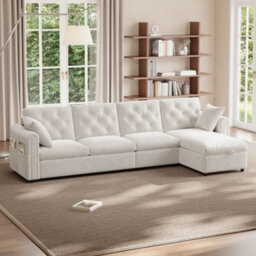 Merax L-Shaped Sectional Sofa, 4-Seater Corner Sofa With Reversible Storage Chaise & Magazine Pockets, Beige - thumbnail 3