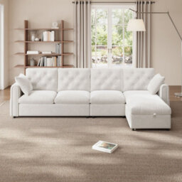 Merax L-Shaped Sectional Sofa, 4-Seater Corner Sofa With Reversible Storage Chaise & Magazine Pockets, Beige - thumbnail 2