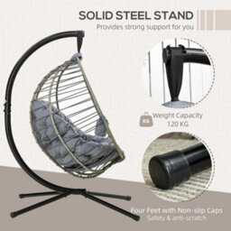 Outsunny Pe Rattan Hanging Swing Chair W/ Stand & Cup Holder, Grey - thumbnail 4