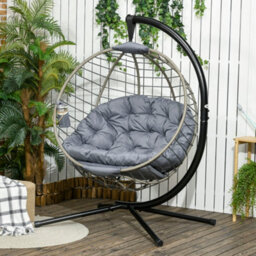 Outsunny Pe Rattan Hanging Swing Chair W/ Stand & Cup Holder, Grey - thumbnail 1