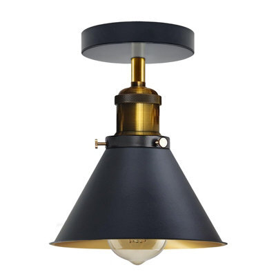 Semi Flush Mount Ceiling Light With E27 Base Industrial Vintage Brass Cone Shade Black In Gold For Kitchen Or Dining Room - image 1