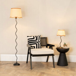 Valuelights Wiggle Black Metal Single Stem Floor Lamp With Linen Scallop Rust Trim Tapered Shade And Led Bulb - thumbnail 3