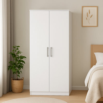 Home Treats White Wooden 2 Door Wardrobe Closet With Shelf & Hanging Rail - image 1