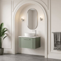 Balterley Belvide Partial Fluted 1 Drawer Wall Hung Vanity Unit With Carrera Marble Laminate Worktop - 600mm - Satin Green - thumbnail 4