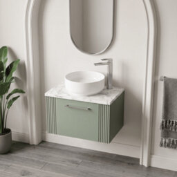 Balterley Belvide Partial Fluted 1 Drawer Wall Hung Vanity Unit With Carrera Marble Laminate Worktop - 600mm - Satin Green - thumbnail 3