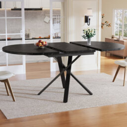 Btm Round Extendable Dining Table 100 140Cm Marble Look With Black X Metal Frame, Kitchen Or Breakfast Table 75.5Cm Height