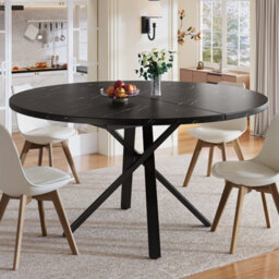 Btm Round Extendable Dining Table 100 140Cm Marble Look With Black X Metal Frame, Kitchen Or Breakfast Table 75.5Cm Height - thumbnail 3
