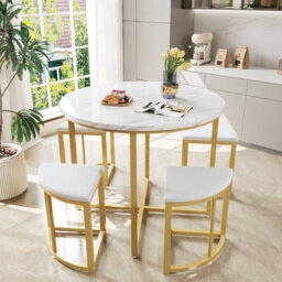 Abrihome Modern Luxury Dining Set: White Mdf Tabletop, Gold Iron Frame & Velvet Chairs, 4-Piece Elegant Dining Group