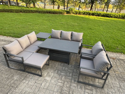 Fimous Garden Aluminium Furniture Set 9 Seater Adjustable Rising Lifting Dining Table With 2 Chairs Side Table Big Footstool - image 1
