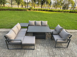 Fimous Garden Aluminium Furniture Set 9 Seater Adjustable Rising Lifting Dining Table With 2 Chairs Side Table Big Footstool - thumbnail 2