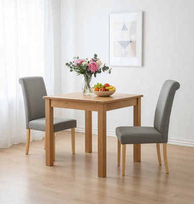 Hallowood Furniture Hereford Oak Small Dining Table With 2 Roll Top Linen Fabric Chairs (Grey) - image 1