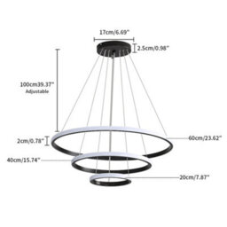 Pheashine Black Circle 3-Ring Ceiling Pendant Light,3 Color 3000K/4500K/6500K, For Dining Room Kitchen Island Living Room - thumbnail 5