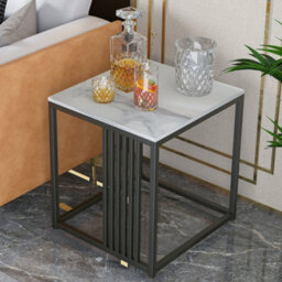 Fativo 40W X 45H Cm Minimalism Sintered Stone Marble Side Table White Top Black Frame End Side Coffee Tables - thumbnail 8