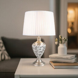Lighting Supermarket Hepburn Large Ceramic Table Lamp Ivory Pleated Shade Black Print Silver 58Cm