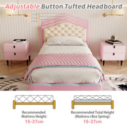 Abrihome 3Ft Upholstered Bed Frame With Adjustable Tufted Headboard - Pu Faux Leather, Solid Wood Slats, No Box Spring, Pink & Beige - thumbnail 4