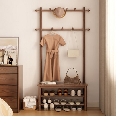 Yqjjgl Solid Wood Coat Rack With Shoe Bench And 2-Tier Storage Shelves Walnut 80Cm Clothes Rail Clothes Rack - image 1