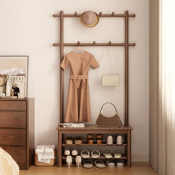 Yqjjgl Solid Wood Coat Rack With Shoe Bench And 2-Tier Storage Shelves Walnut 80Cm Clothes Rail Clothes Rack - thumbnail 1