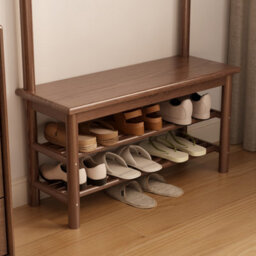 Yqjjgl Solid Wood Coat Rack With Shoe Bench And 2-Tier Storage Shelves Walnut 80Cm Clothes Rail Clothes Rack - thumbnail 4