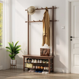 Yqjjgl Solid Wood Coat Rack With Shoe Bench And 2-Tier Storage Shelves Walnut 80Cm Clothes Rail Clothes Rack - thumbnail 2