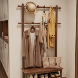 Yqjjgl Solid Wood Coat Rack With Shoe Bench And 2-Tier Storage Shelves Walnut 80Cm Clothes Rail Clothes Rack - thumbnail 3