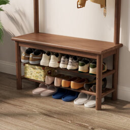 Yqjjgl Solid Wood Coat Rack With Shoe Bench And 2-Tier Storage Shelves Walnut 80Cm Clothes Rail Clothes Rack - thumbnail 6