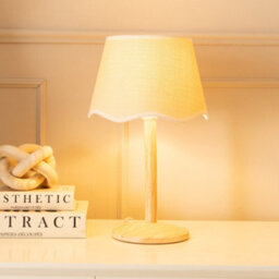 Valuelights Triston Natural Light Wood Stem Table Lamp With Scallop White Trim Tapered Lamp Shade And Led Bulb