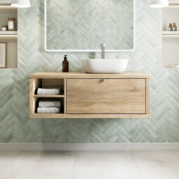 Aveli 1100mm Countertop Bathroom Vanity Unit White Basin Sink Wall Hung Lh Shelves Oak