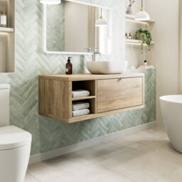 Affine 1100mm Countertop Bathroom Vanity Unit White Basin Sink Wall Hung Lh Shelves Oak - thumbnail 2