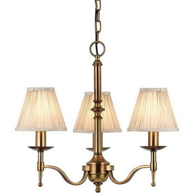 Avery Ceiling Pendant Chandelier Light 3 Lamp Antique Brass & Beige Pleat Shade - image 1