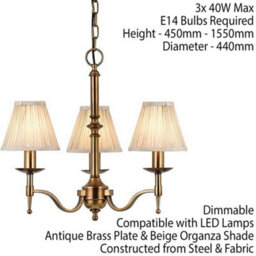 Avery Ceiling Pendant Chandelier Light 3 Lamp Antique Brass & Beige Pleat Shade - thumbnail 2