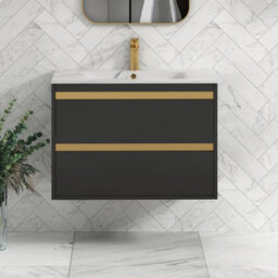 Royal Bathrooms 800mm Matt Obsidian Black 2 Drawer Wall Hung Vanity Unit With Carrara White Basin & Brushed Brass Accent Trim - thumbnail 1