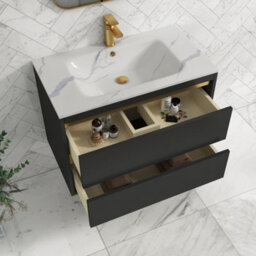 Royal Bathrooms 800mm Matt Obsidian Black 2 Drawer Wall Hung Vanity Unit With Carrara White Basin & Brushed Brass Accent Trim - thumbnail 4