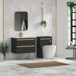 Royal Bathrooms 800mm Matt Obsidian Black 2 Drawer Wall Hung Vanity Unit With Carrara White Basin & Brushed Brass Accent Trim - thumbnail 3